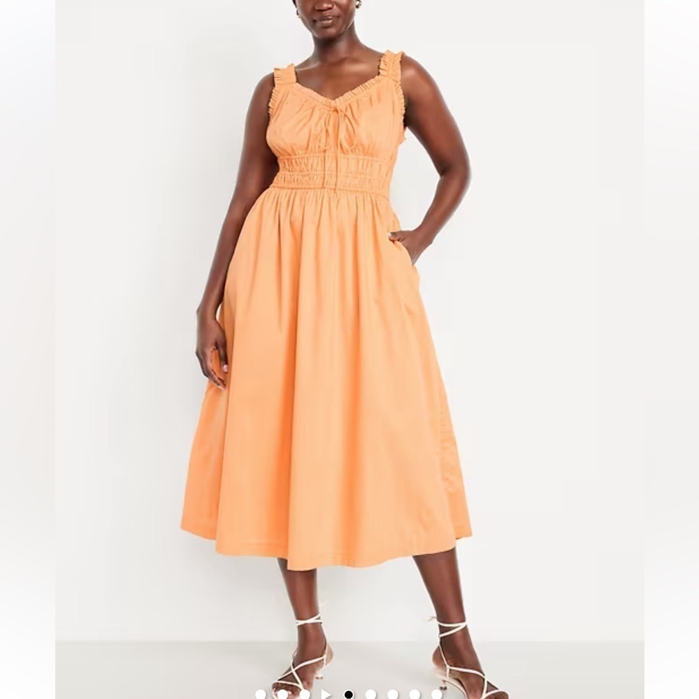 Old Navy XXL Tall Cotton Waist-Defined Ruffled Midi Dress Orange pocket retro - Picture 1 of 10
